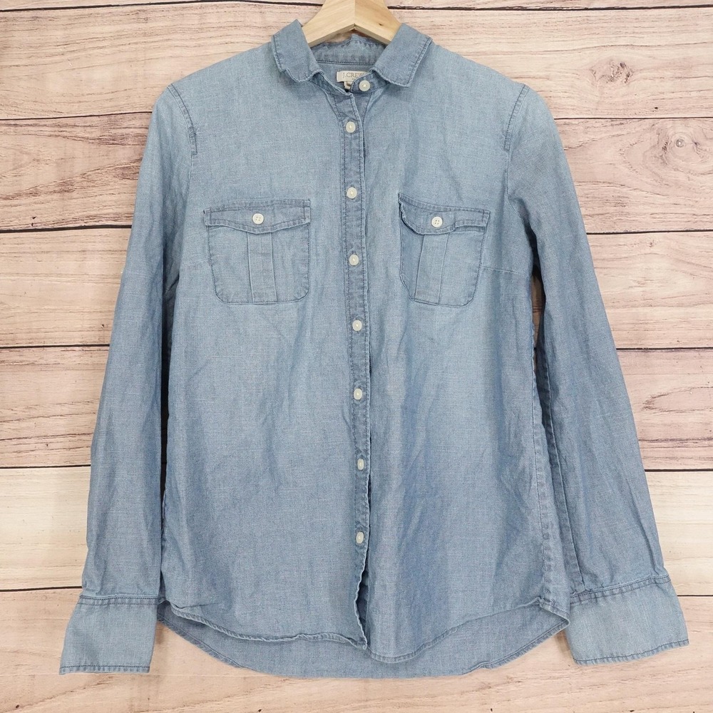 J Crew Button-Up Womens S‎ Blue Chambray Collared Long Sleeve Pocket Shirt